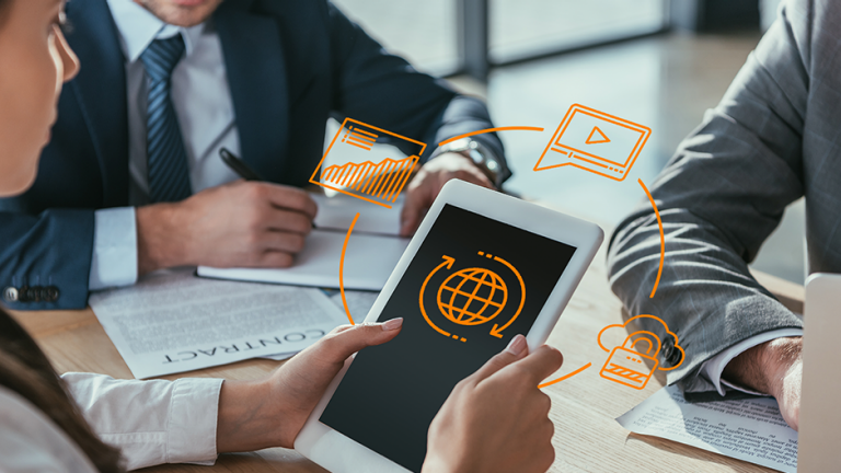 artworked cropped shot of businesswoman holding tablet with blank screen during meeting