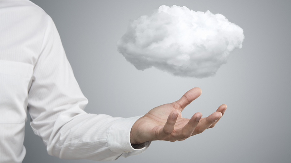 close-up of young businessman with cloud over his hand